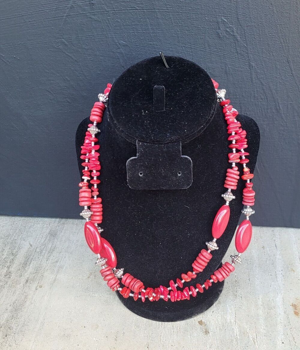 Chico's Extra Long Silver Heishi & Coral Native American Style Necklace - 42"